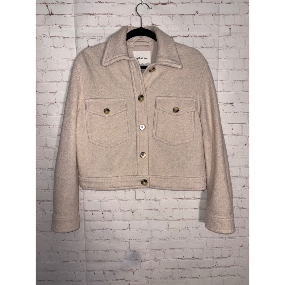 Wilfred Free Aritzia 100% Merino Wool Cropped Ganna Shirt Jacket Beige XS 90083